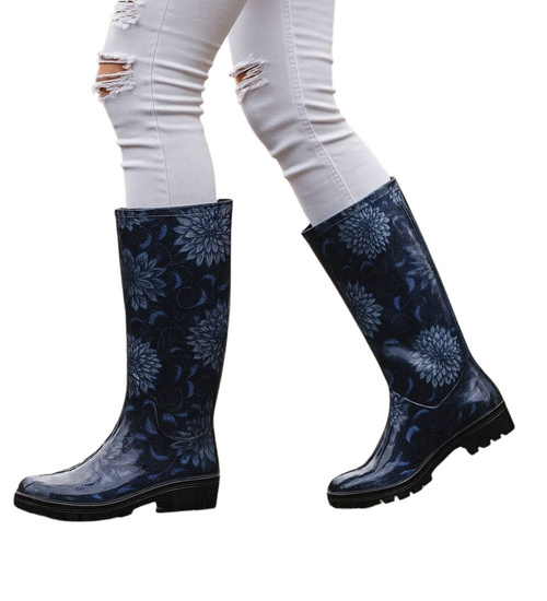 Kalosze damskie z wysoką cholewką Czarno granatowe /B4-1 18373 T346/