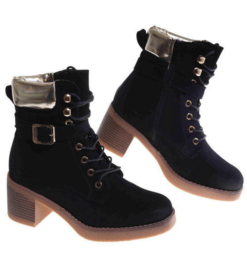 Czarne wiązane botki damskie zimowe /J5-2 18548 W2/