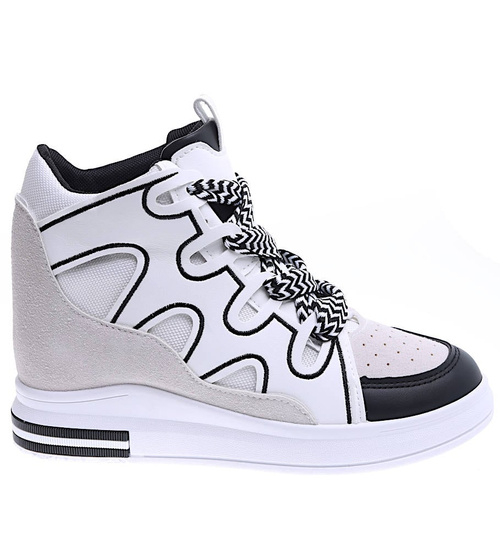 Sznurowane biało czarne trampki sneakersy na koturnie /F9-2 15779 D236/