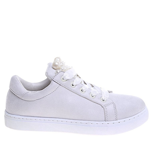 Sznurowane szare trampki damskie z perełkami /F6-3 15952 T185/