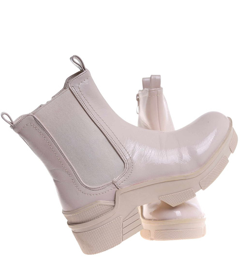 Beżowe botki sztyblety na płaskim grubym obcasie /F5-3 18594 T177/