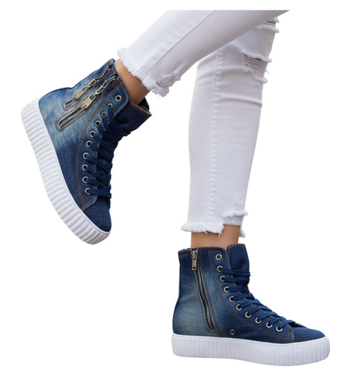 Jeansowe trampki na platformie Granatowe /A3-2 14830 T293/