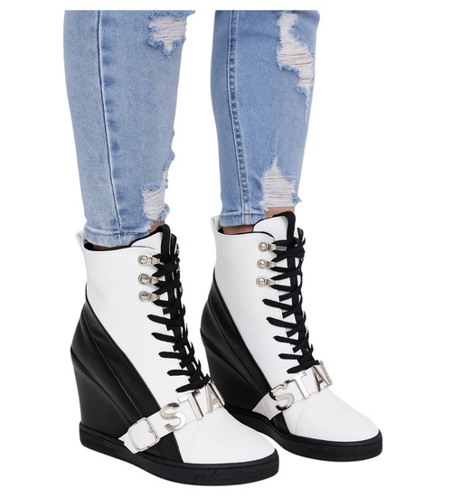 Sznurowane biało czarne trampki sneakersy koturnie /C1-3 18050 T284/