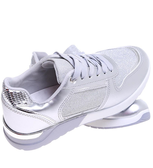 Wiązane srebrne buty sportowe damskie /F4-2 16077 G283/