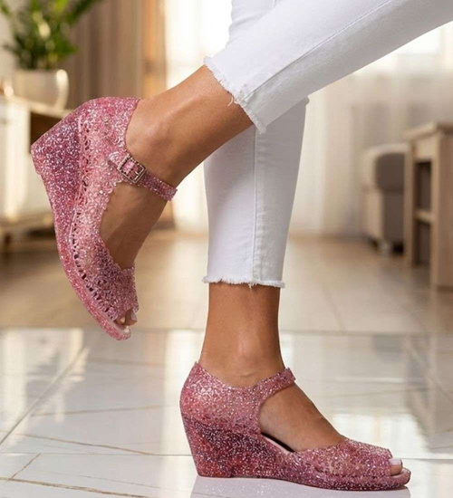 Plażowe sandały meliski na koturnie Ciemny Róż otwarte /H2 14569 T890/