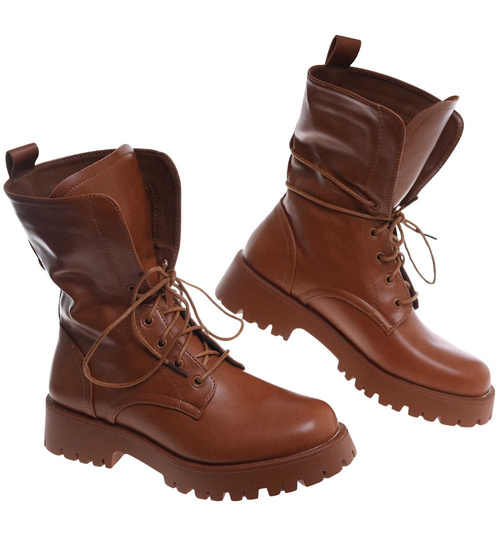 Brązowe wysokie botki trapery wiązane /A6-2 18505 T288/