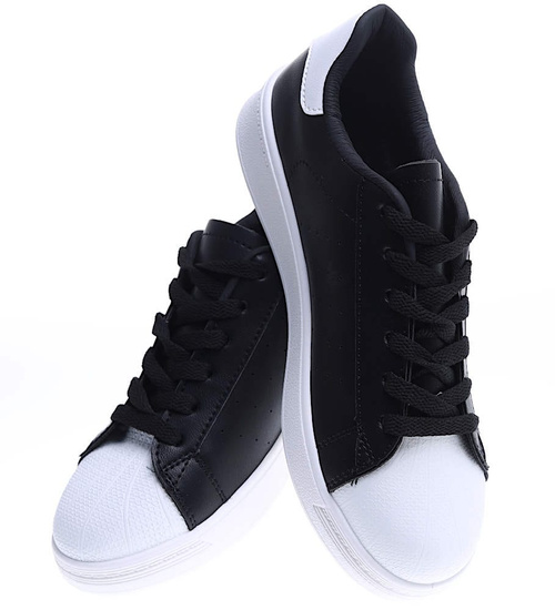 Czarno białe damskie sznurowane trampki /G10-3 15758 T138/