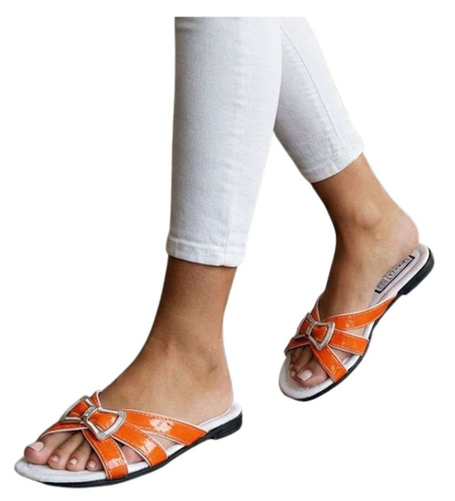 Pomarańczowo białe klapki na płaskim obcasie /H2 14340 T005/