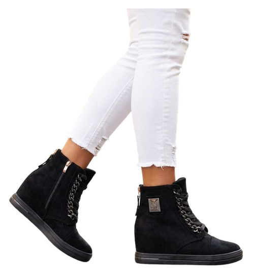 Czarne sneakersy damskie na koturnie /E8-3 12765 T891/