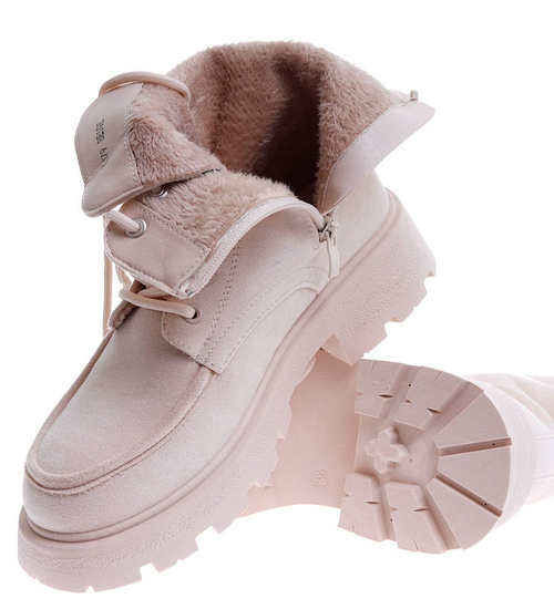 Wiązane damskie beżowe botki trapery /E4-3 15182 T428/