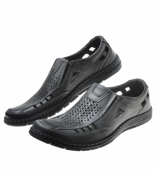 Przewiewne półbuty męskie ze skóry naturalnej Szare /H-7 11402 436-1 S111/