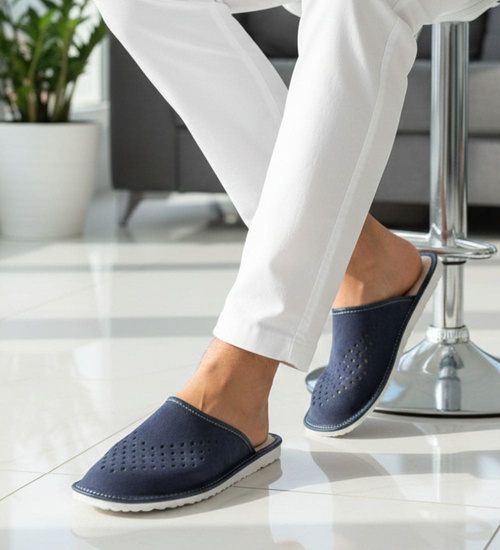 Męskie domowe kapcie ze skóry zamszowej Granatowe /G1-1 7892 S195/