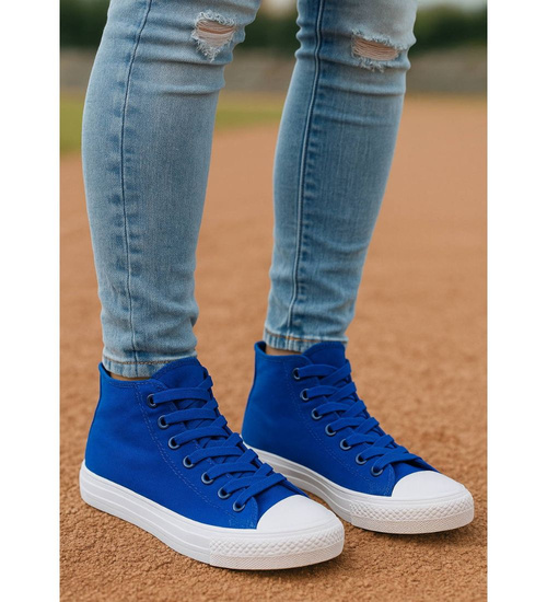 Klasyczne niebiesko białe trampki damskie z wysoką cholewką /G1-1 16734 G9-84/