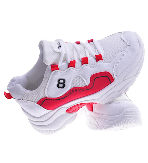 Wiązane biało czerwone snekersy damskie /B5-3 11348 T297/
