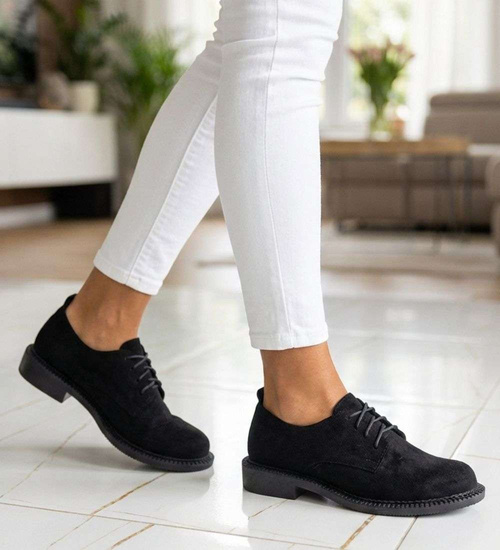 Czarne półbuty oxfordy damskie sznurowane zamszowe /D8-1 18701 T155/