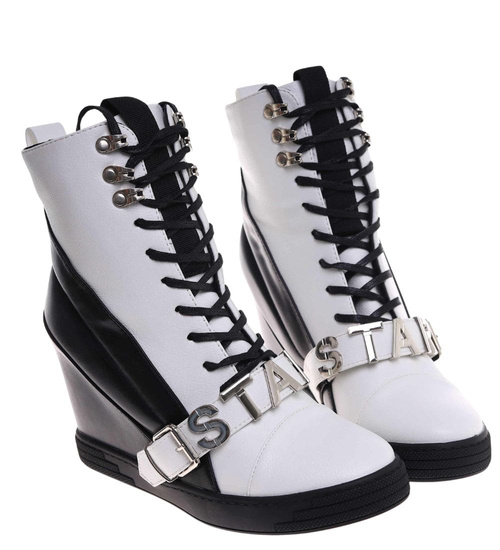 Sznurowane biało czarne trampki sneakersy koturnie /C1-3 18050 T284/