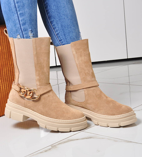 Skórzane damskie kozaki Beżowe /E1-3 10064 S202/