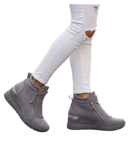 Szare sneakersy damskie na koturnie /B2-2 12852 T890/