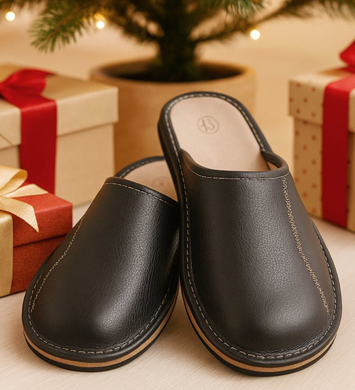 Skórzane męskie kapcie czarne /E9-1 10863 S196/