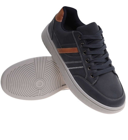 Granatowe wiązane męskie trampki z szarą podeszwą /F10-3 17982 T398/