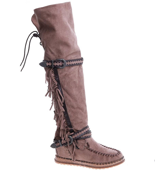 Wysokie kozaki boho na ukrytym koturnie Khaki /D2-1 14926  T239/