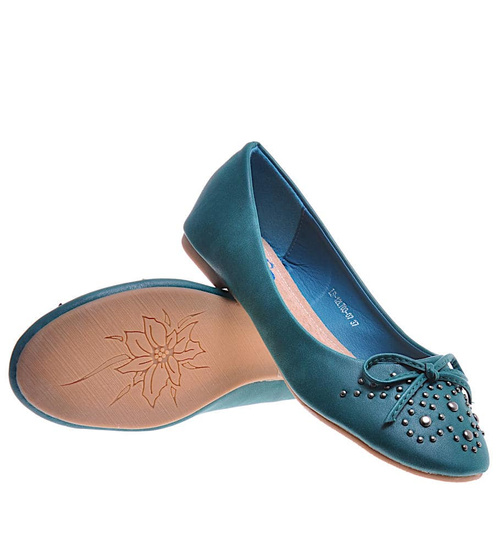 Zielone balerinki damskie z kokardką i dżetami /C7-2 10780 T098/