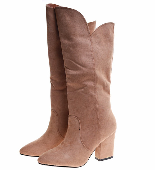 Klasyczne beżowe kozaki na obcasie z zamszu /C5-3 16896 G483 +H2/