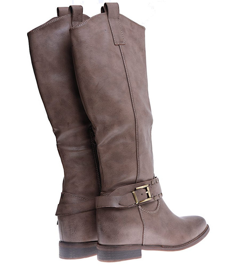 Ocieplane kozaki damskie na niskim koturnie Khaki /C5-2 15268 T522/