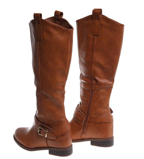 Ocieplane karmelowe kozaki damskie na niskim koturnie /i6-3 H2 18426 T386/