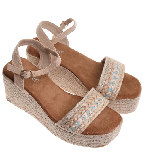 Beżowe sandały damskie na koturnie i platformie /C3-3 17931 G2/