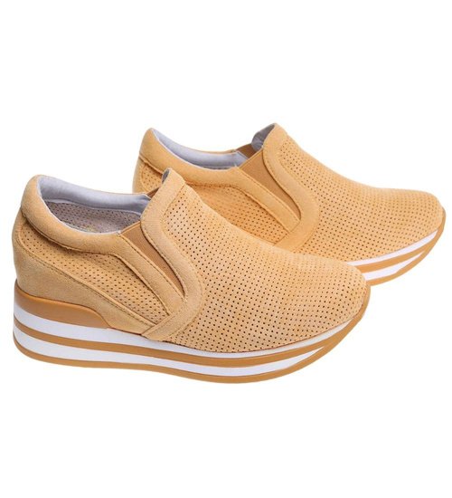 Ażurowe żółte sneakersy na koturnie /G5-3 18046 T183/