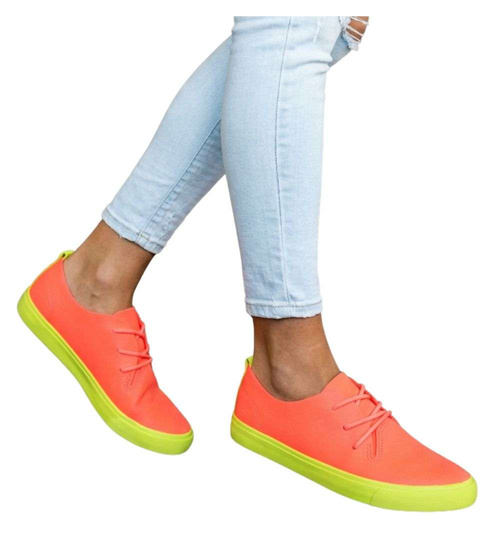 Pomarańczowe wiązane trampki damskie /E1-3 8895 S076/