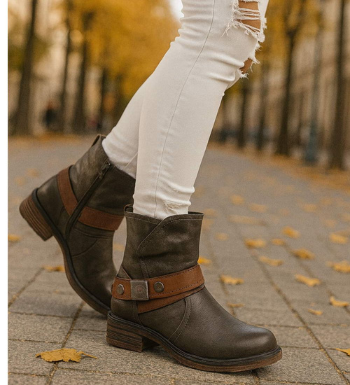 Szare damskie botki na płaskim obcasie /F7-3 12415 T291/