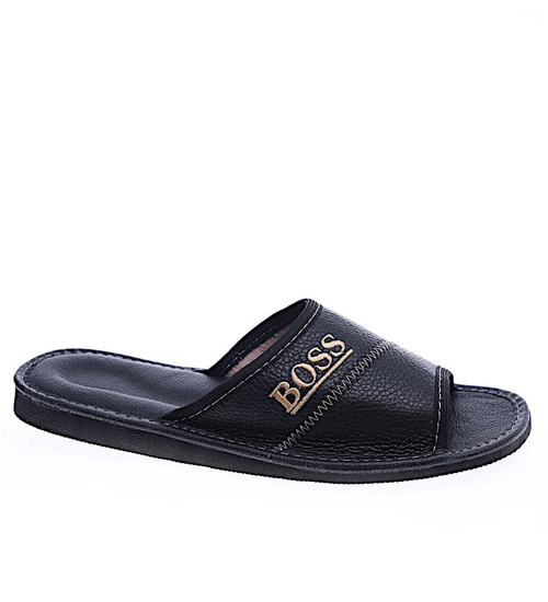 Skórzane męskie klapki domowe Czarne /F10-1 14251 S199/