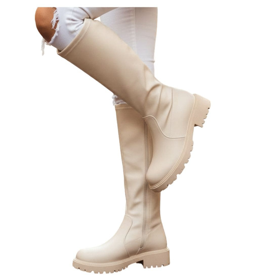 Beżowe kozaki damskie z suwakiem /D8-3 18134 T397/