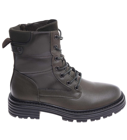 Sznurowane ocieplane botki trapery Zielone /E8-3 18254 W430/