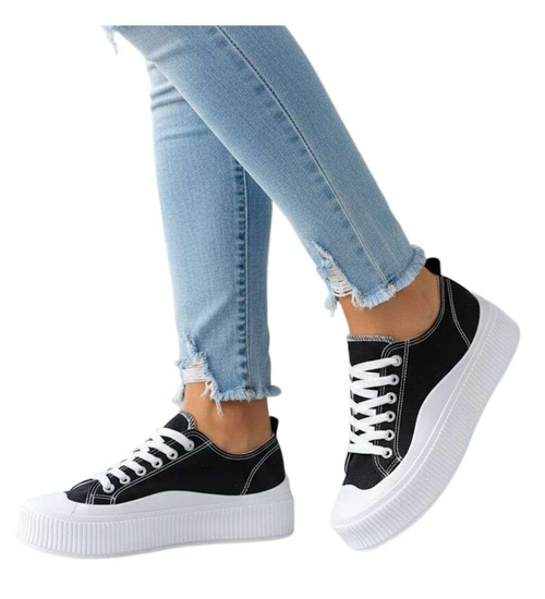 Sznurowane czarne trampki damskie na platformie /B7-1 15678 T182/