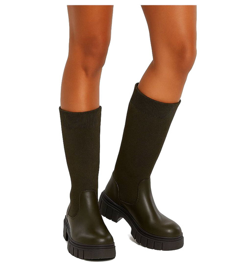 Zielone kozaki damskie na platformie /E9-3 18087 T390/