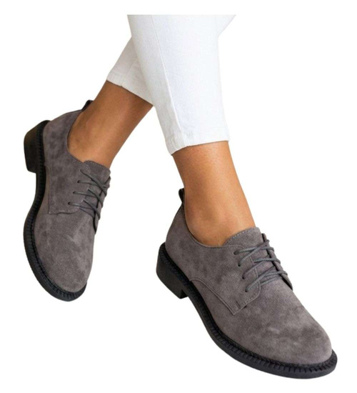 Szare półbuty oxfordy damskie sznurowane zamszowe /A4-3 18702 T155/