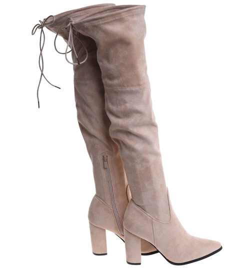 Beżowe wysokie kozaki muszkieterki na obcasie /A4-3 18383 W484/