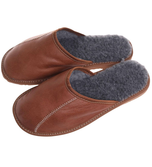 Skórzane kapcie męskie z wełną Brązowe /G8-1 18468 S197/