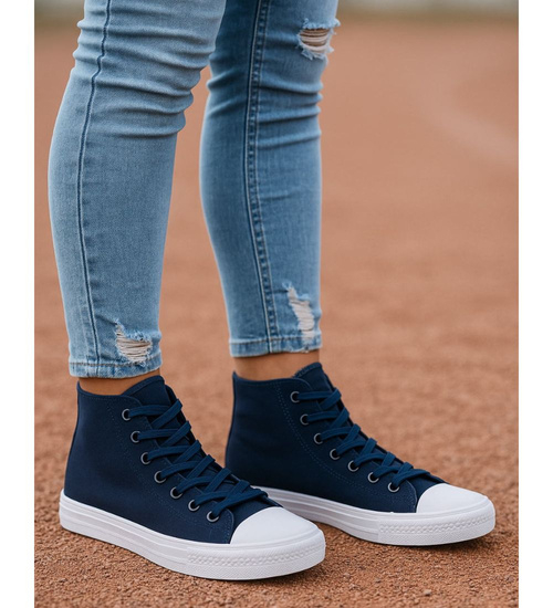 Klasyczne granatowe trampki damskie z wysoką cholewką /H2 16732 G9-84/