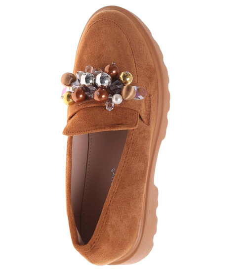 Karmelowe półbuty loafersy na platformie z kamieniami /B6-2 18484 T203/