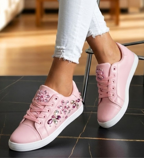 Damskie trampki z kamieniami Różowe /G9-3 10804 T128/