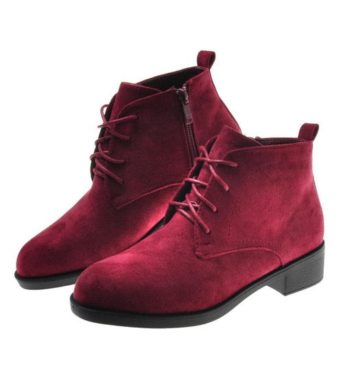 Bordowe botki damskie z wiązaniami /D8-2 9627 S491/