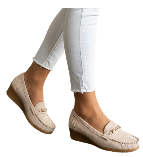 Beżowe czółenka oxfordy na koturnie /G9-3 14624 T427/