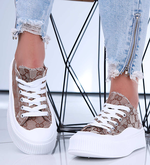 Sznurowane brązowe trampki damskie na platformie /C6-3 15680 T184/