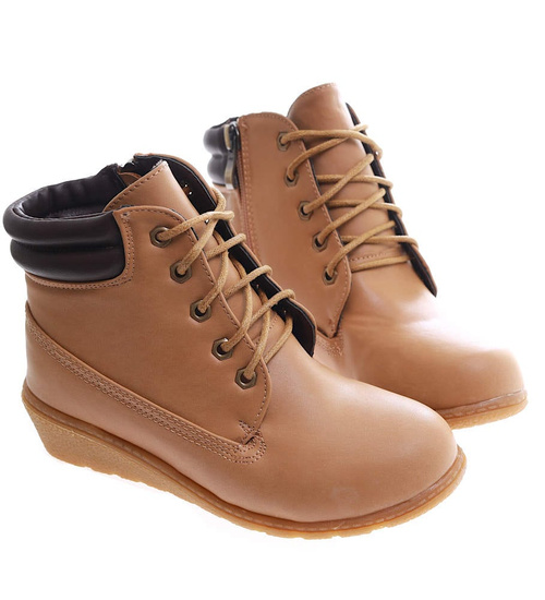 Kamelowe sznurowane botki na niskim koturnie /a10-2 +H2 16624 T7-38/