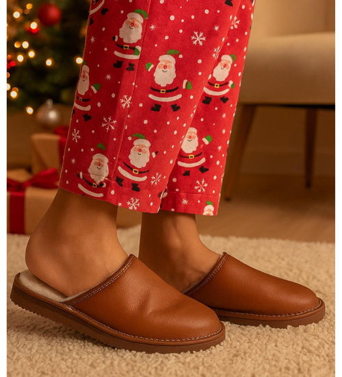 Skórzane brązowe kapcie damskie z wełną /C6-1 12796 S196/