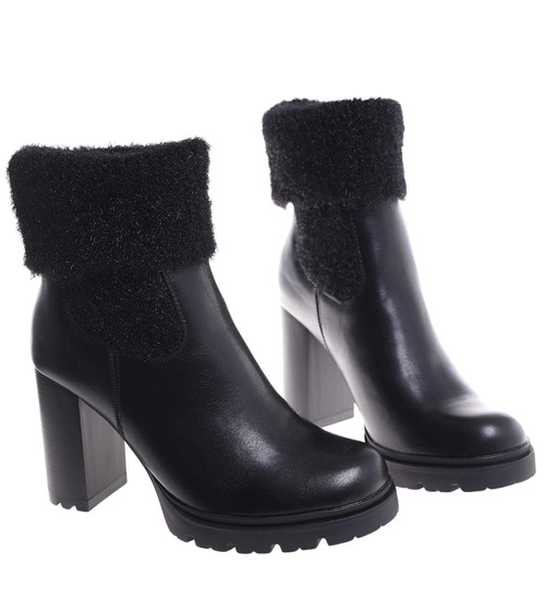 Czarne zimowe botki na słupku /E1-1 18562 G284/